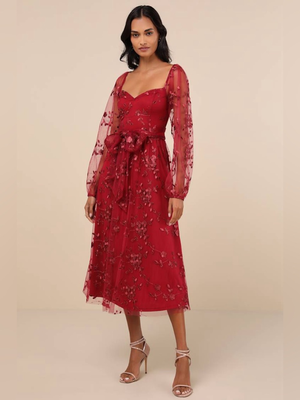 Lulu's Darling Charisma Wine Red Mesh Embroidered Midi Dress NWT women’s small